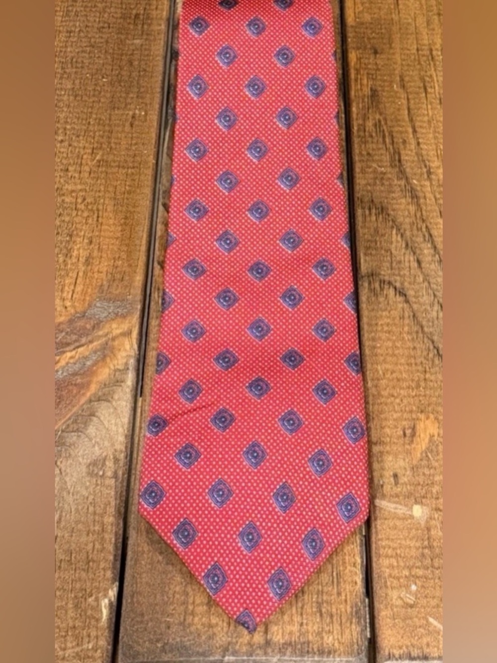 Christian Dior Vintage Red Navy Silk Necktie Medallion Dot Woven Monogram